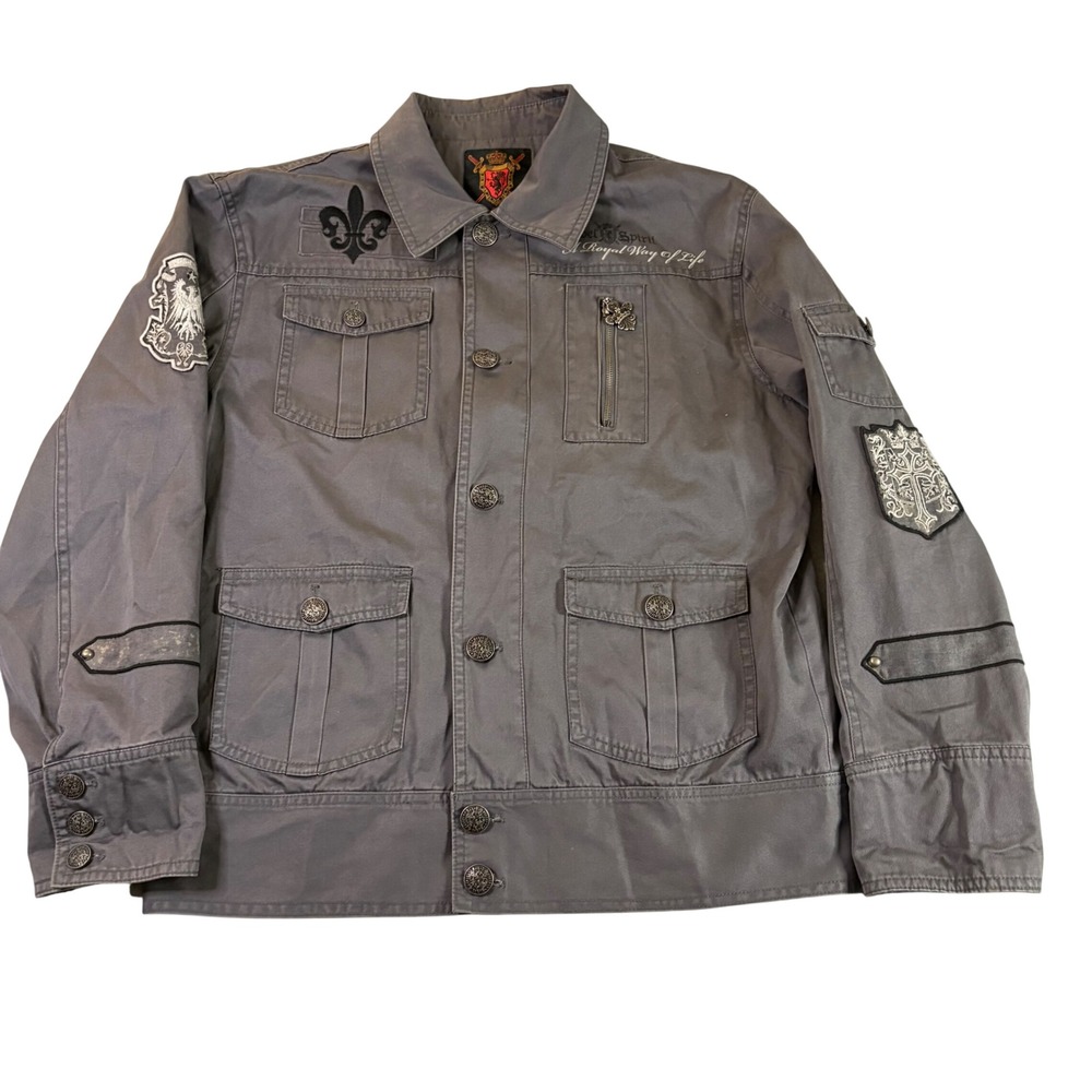 Rebel Spirit Mens 3XL Gray Military Field Jacket Gothic Eagle Embroidery Y2K